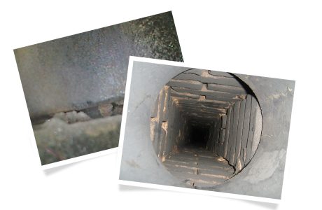 Degraded mortar joint inside flue